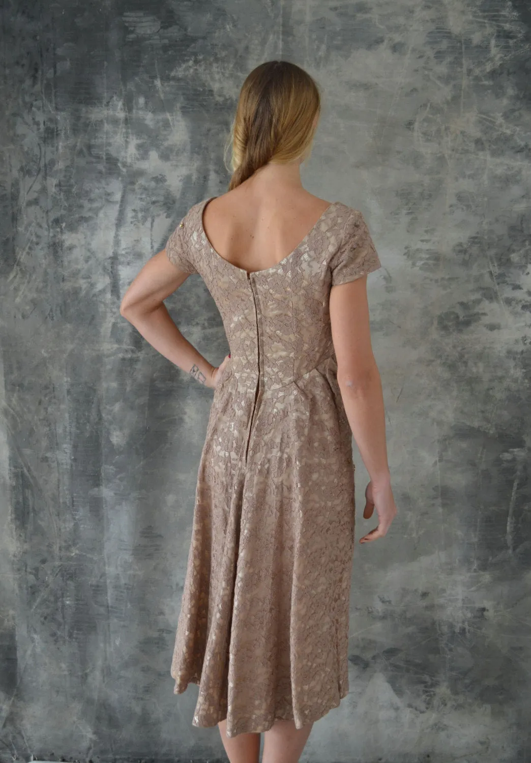 1950s Taupe Lace Cocktail Dress