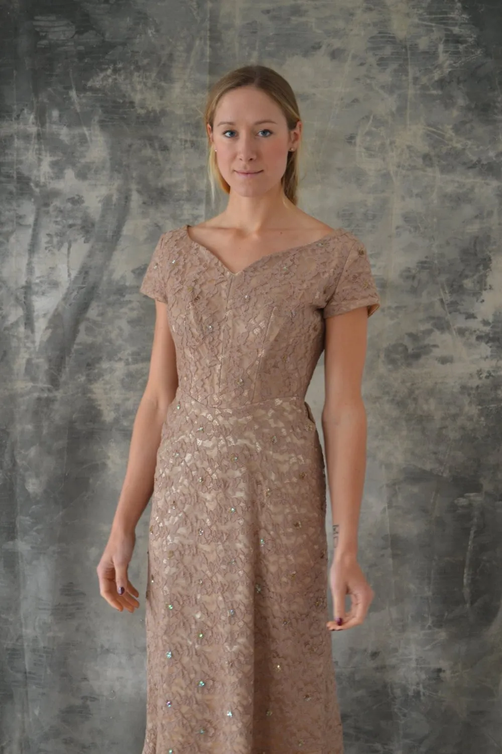 1950s Taupe Lace Cocktail Dress