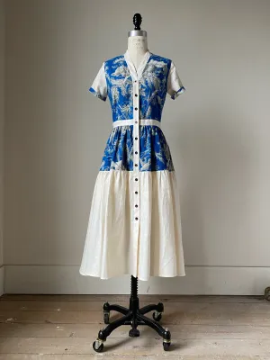 19th century blue toile patched tiered dress xs,s,m,l