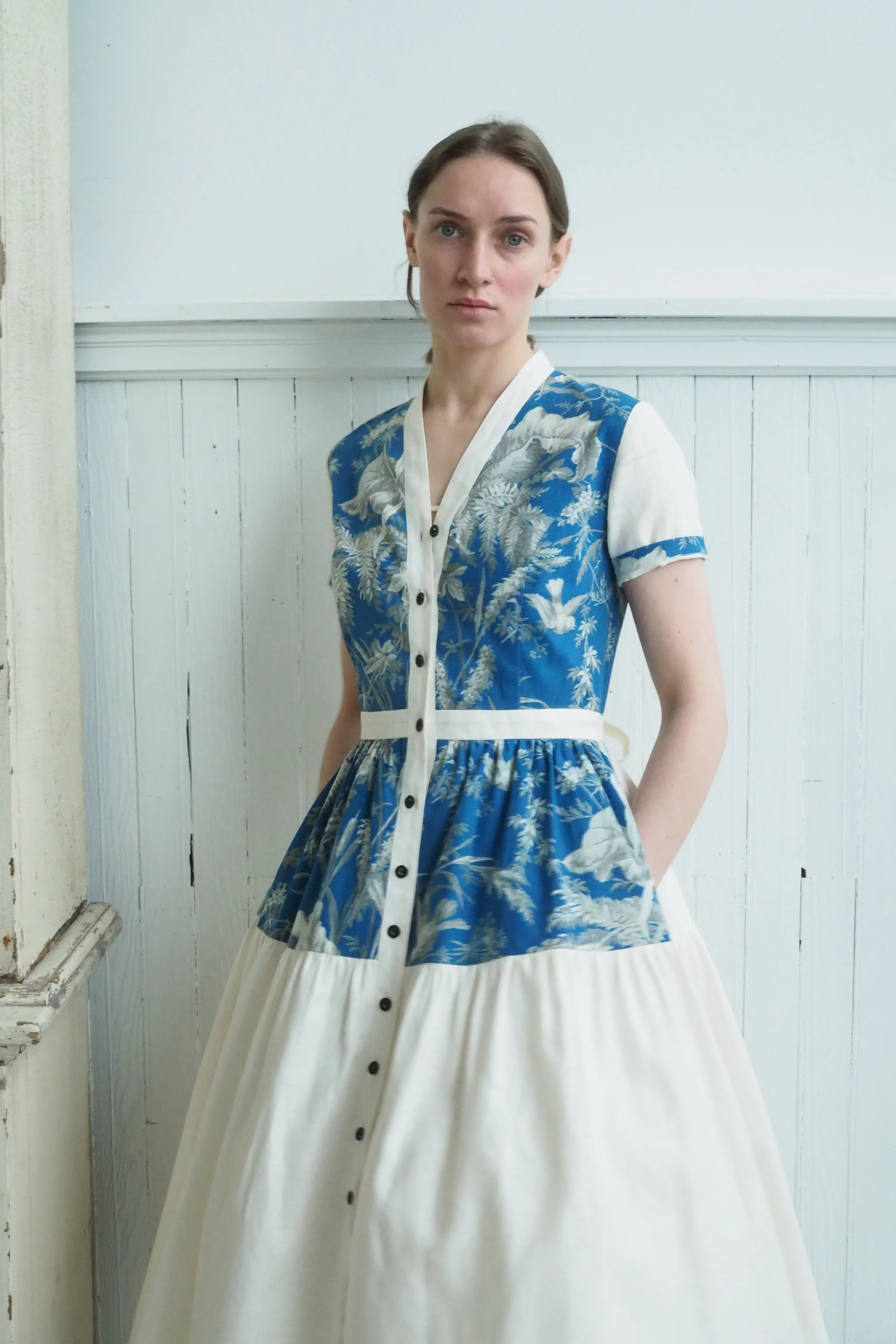 19th century blue toile patched tiered dress xs,s,m,l