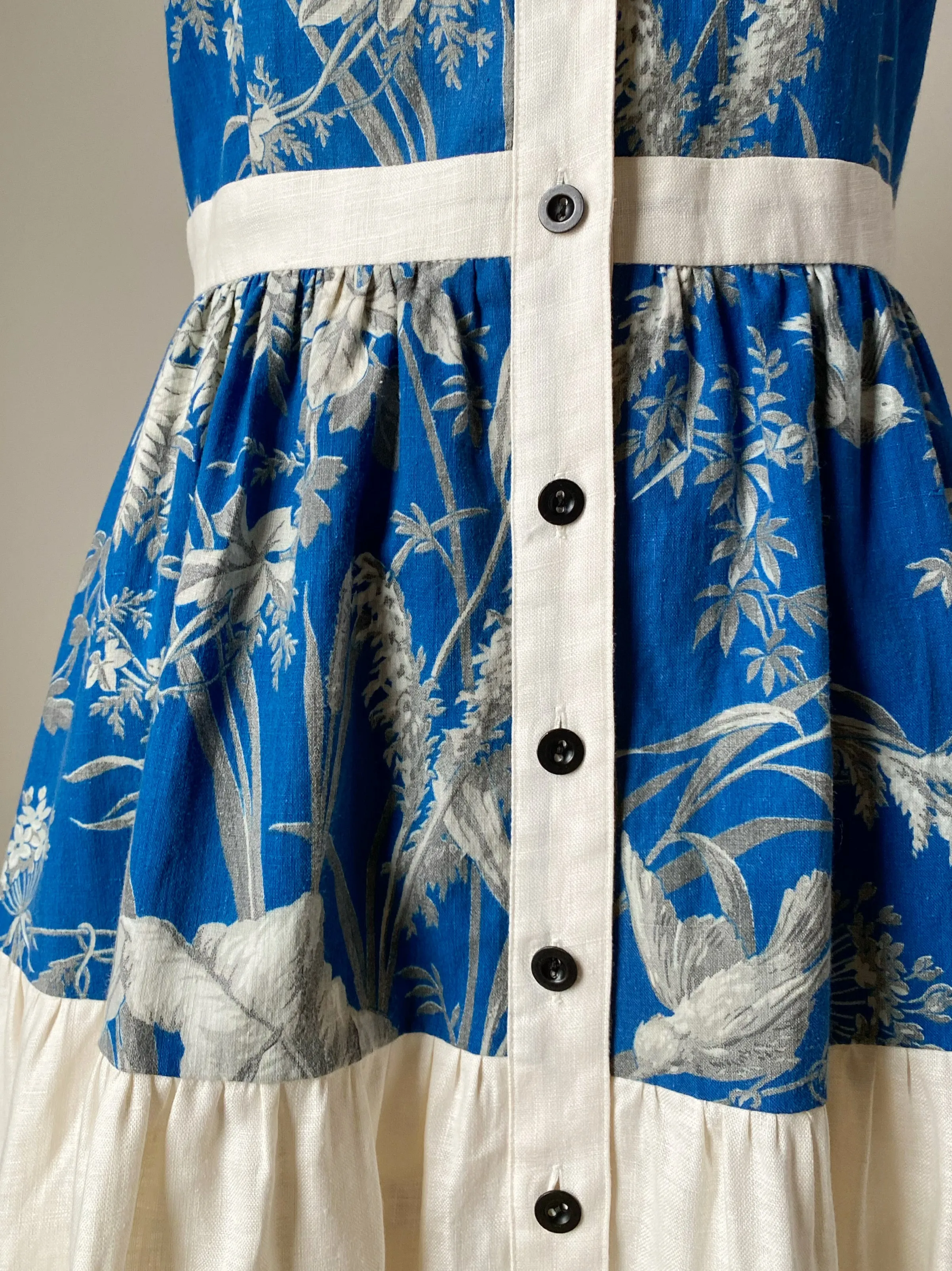 19th century blue toile patched tiered dress xs,s,m,l