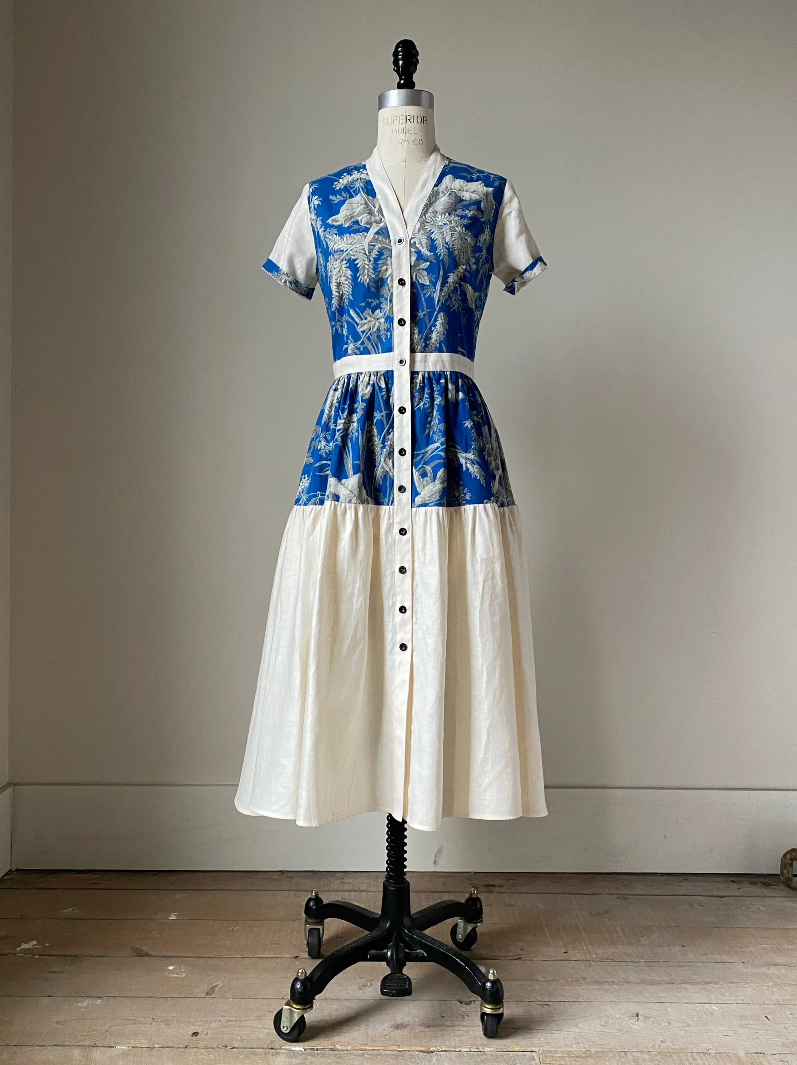 19th century blue toile patched tiered dress xs,s,m,l