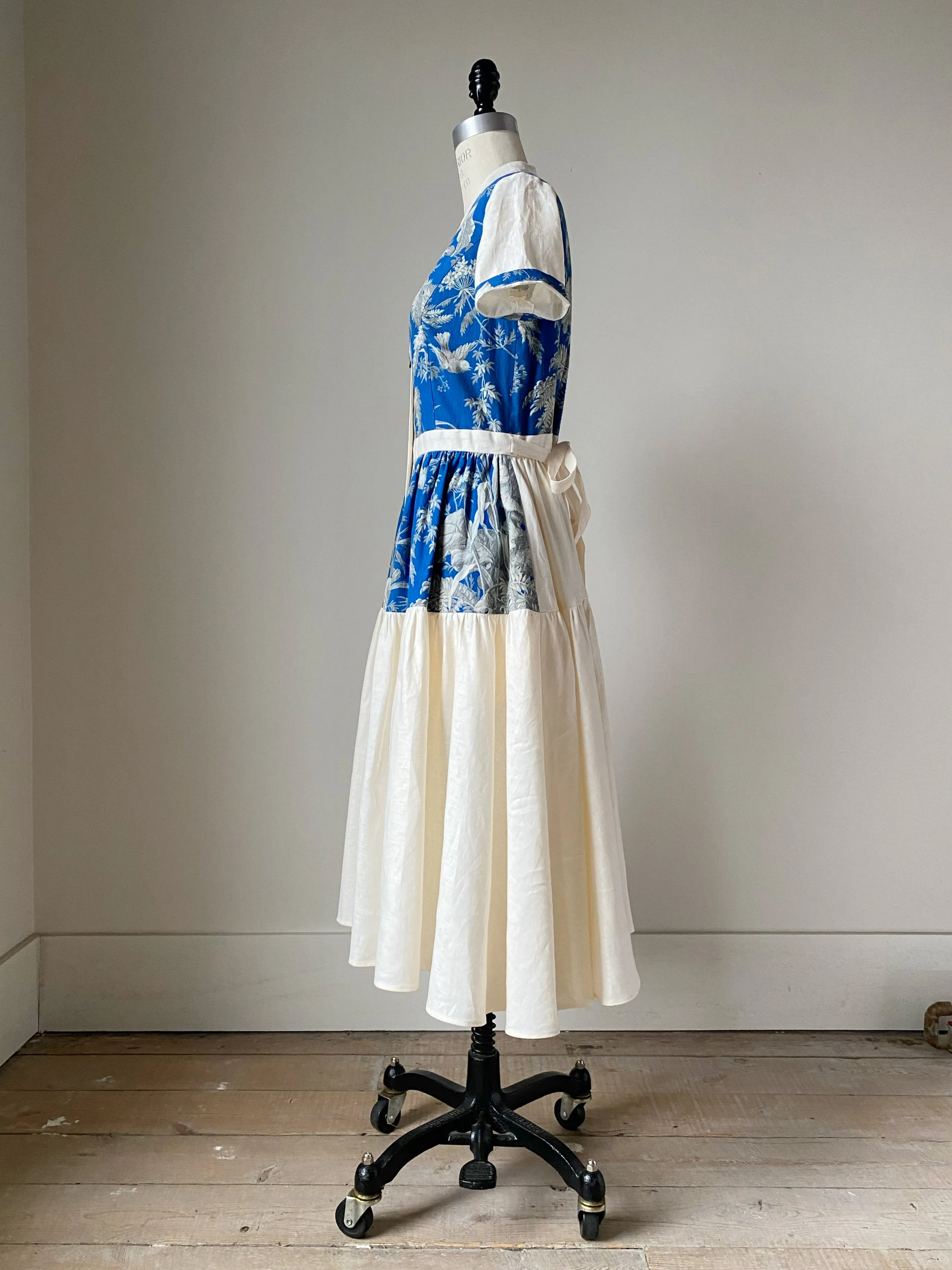 19th century blue toile patched tiered dress xs,s,m,l