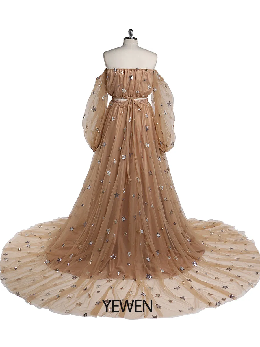 2 Pieces Set Sparkle Stars Maternity Dress Long Maxi Dress Photo Shoot Gowns Plus Size YW220218