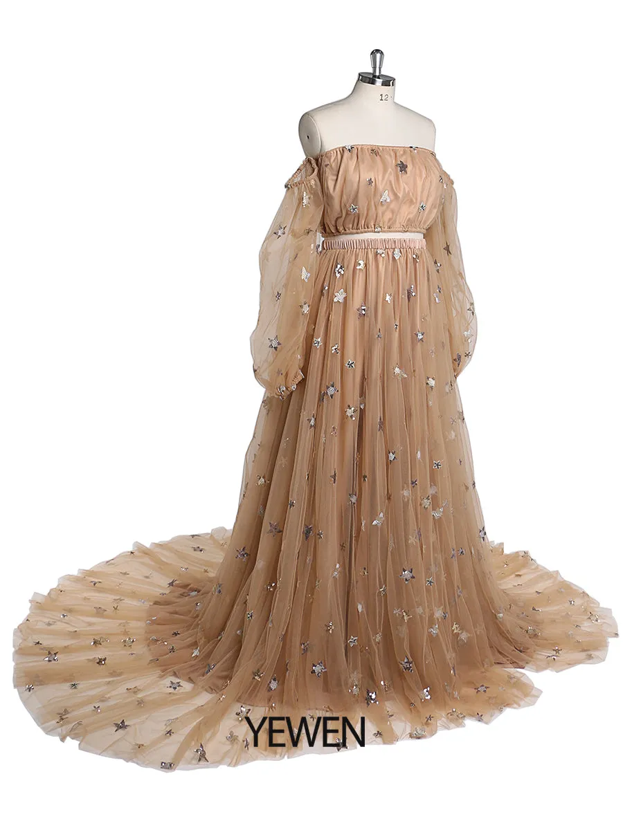 2 Pieces Set Sparkle Stars Maternity Dress Long Maxi Dress Photo Shoot Gowns Plus Size YW220218