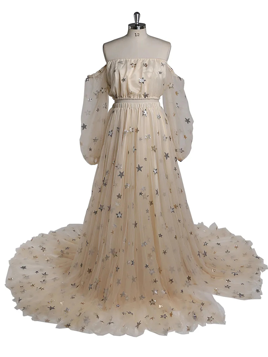 2 Pieces Set Sparkle Stars Maternity Dress Long Maxi Dress Photo Shoot Gowns Plus Size YW220218
