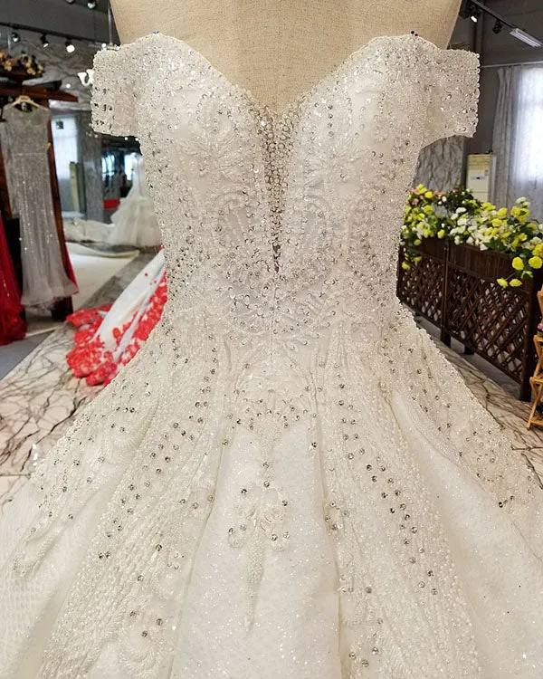 2018 Ball Gown Wedding Dresses with Cap Sleeves Sparkly Wedding Gowns Floor Length