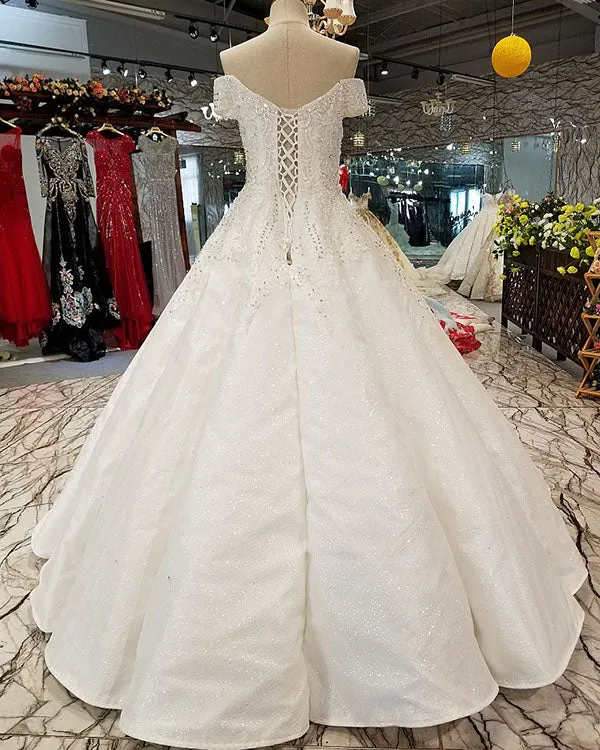 2018 Ball Gown Wedding Dresses with Cap Sleeves Sparkly Wedding Gowns Floor Length