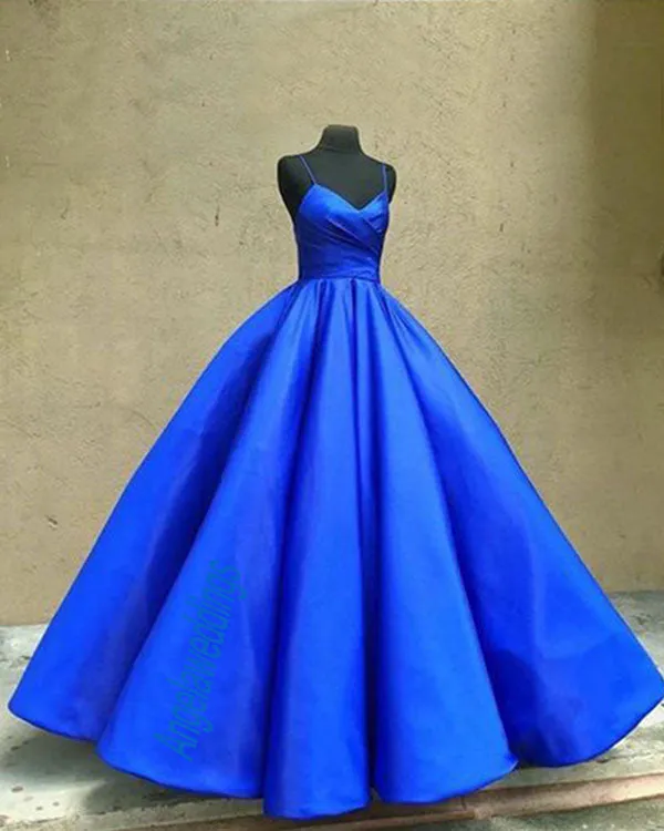 2018 Elegant Prom Dresses Royal Blue Satin Ruffles Ball Gowns with Spaghetti Straps