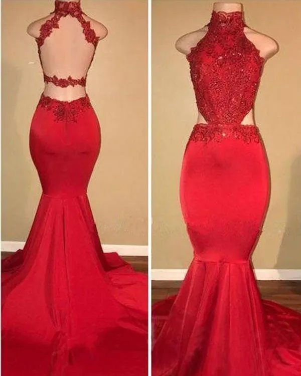 2018 High Neck Mermaid Evening Dresses Beaded Lace Appliques Sequined Sexy Long Prom Gowns Party Dresses