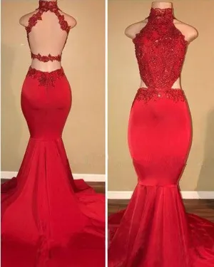 2018 High Neck Mermaid Evening Dresses Beaded Lace Appliques Sequined Sexy Long Prom Gowns Party Dresses