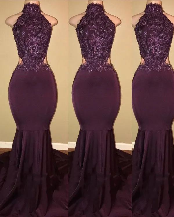 2018 High Neck Mermaid Evening Dresses Beaded Lace Appliques Sequined Sexy Long Prom Gowns Party Dresses