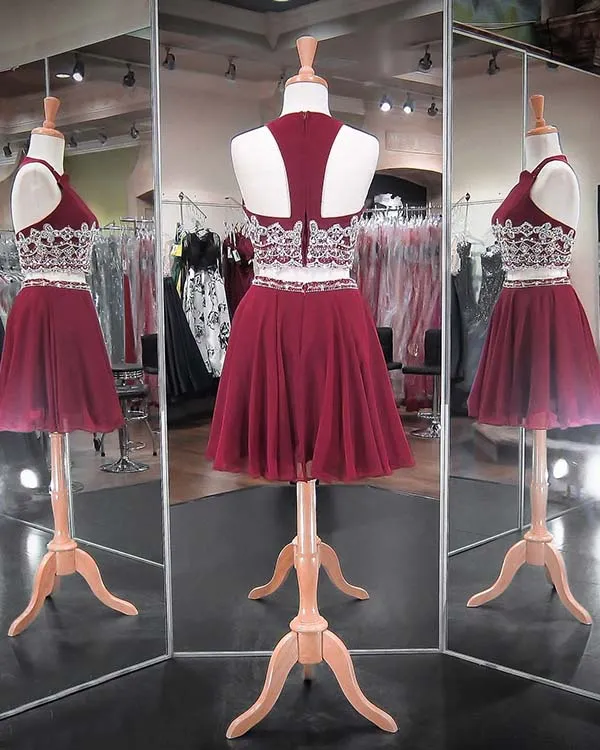 2018 Marsala Two Piece Homecoming Dresses Beadings Chiffon Skirt Fashion Style Short Prom Party Gowns