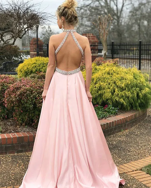 2018 Pink Prom Dresses with Halter Beaded Elastic Satin A line Long Prom Gowns with Belt