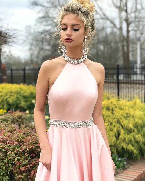 2018 Pink Prom Dresses with Halter Beaded Elastic Satin A line Long Prom Gowns with Belt