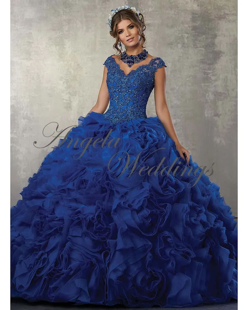2018 Royal Blue Lace Quinceanera Dresses Organza Ruffles Ball Gowns Sweet 16