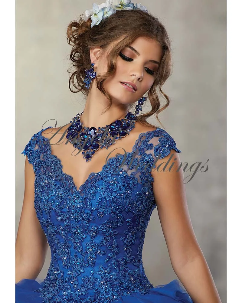 2018 Royal Blue Lace Quinceanera Dresses Organza Ruffles Ball Gowns Sweet 16