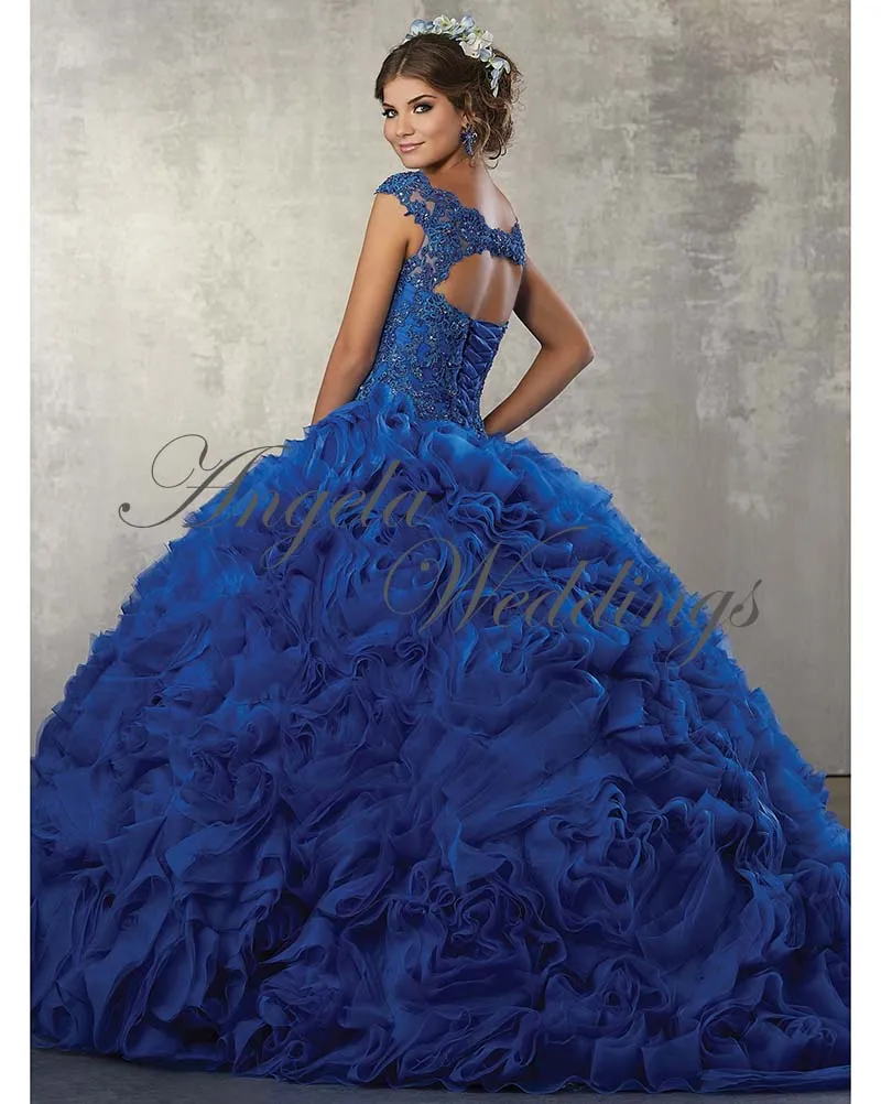 2018 Royal Blue Lace Quinceanera Dresses Organza Ruffles Ball Gowns Sweet 16