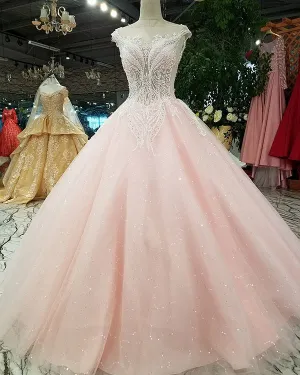 2018 Sexy Pink Prom Dresses with Beadings Sheer Neckline Prom Party Gowns with Sequins
