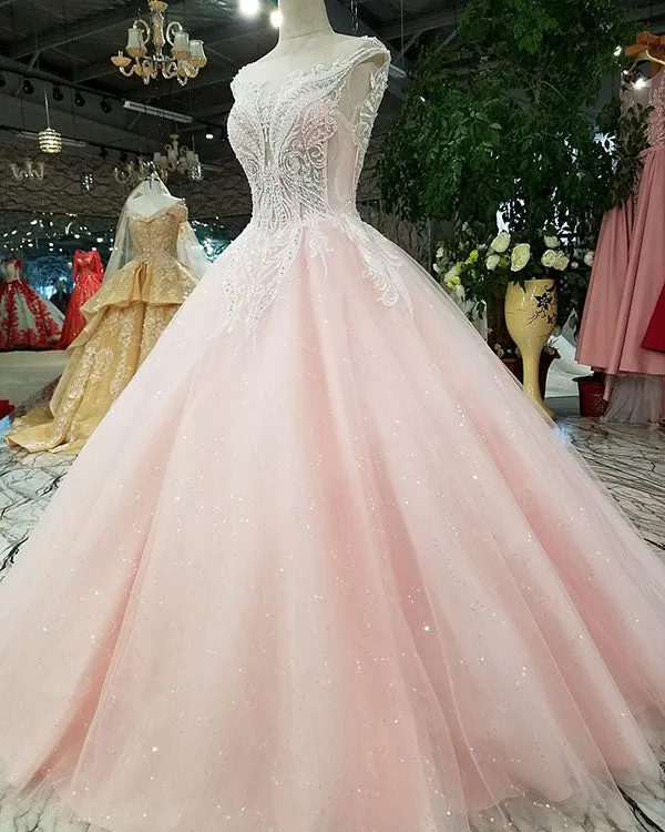 2018 Sexy Pink Prom Dresses with Beadings Sheer Neckline Prom Party Gowns with Sequins