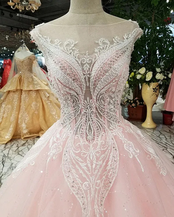2018 Sexy Pink Prom Dresses with Beadings Sheer Neckline Prom Party Gowns with Sequins