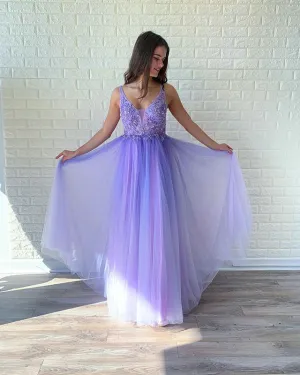 2019 Light Purple Tulle Prom Dresses with V-Neck Beaded Bodice Long Prom Gowns