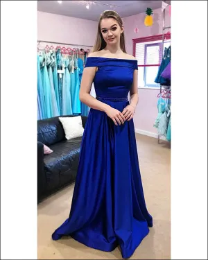 2020 Elegant Royal Blue Satin Prom Dresses Off The Shoulder Long Prom Gowns with Belt Beaded