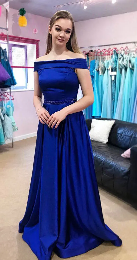 2020 Elegant Royal Blue Satin Prom Dresses Off The Shoulder Long Prom Gowns with Belt Beaded