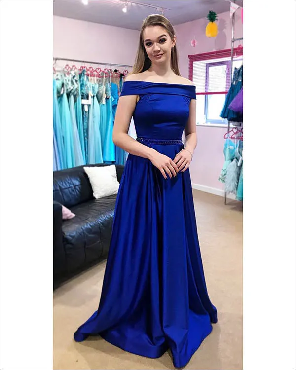 2020 Elegant Royal Blue Satin Prom Dresses Off The Shoulder Long Prom Gowns with Belt Beaded