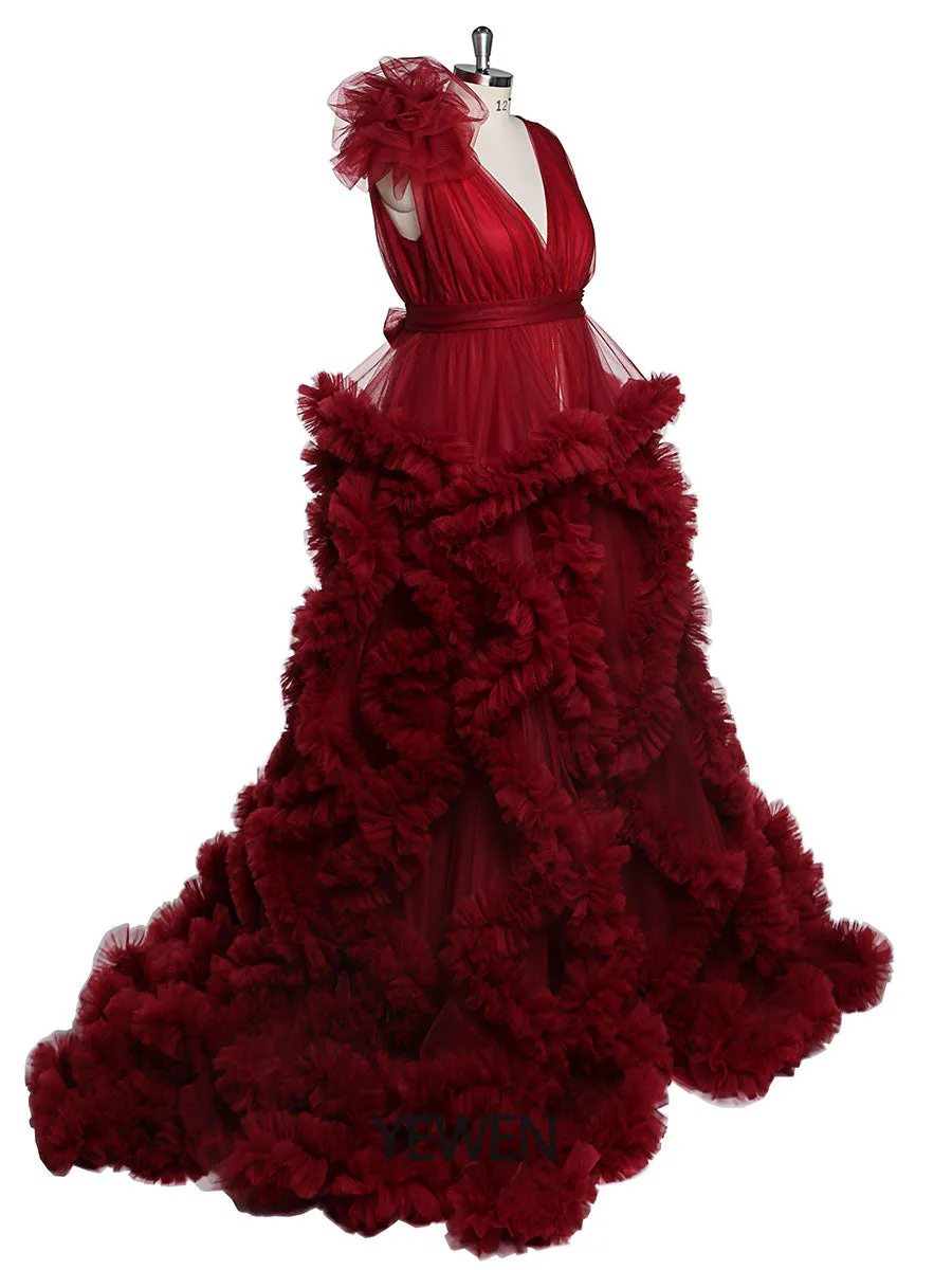 30CM Train V-neck Cloud Ruffles Maternity Dress for Photoshoot Maternity Baby Shower Gowns YW220114