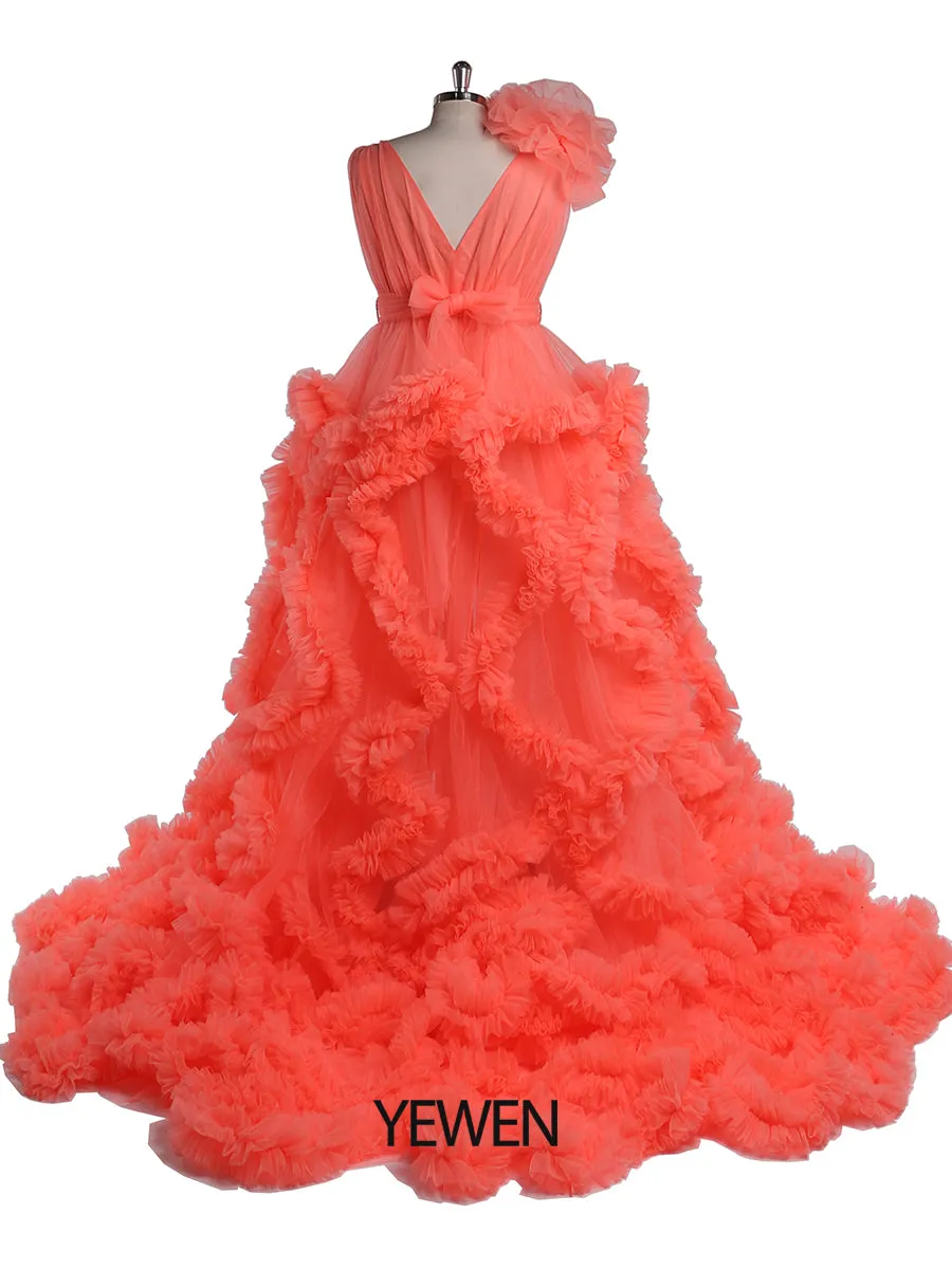 30CM Train V-neck Cloud Ruffles Maternity Dress for Photoshoot Maternity Baby Shower Gowns YW220114