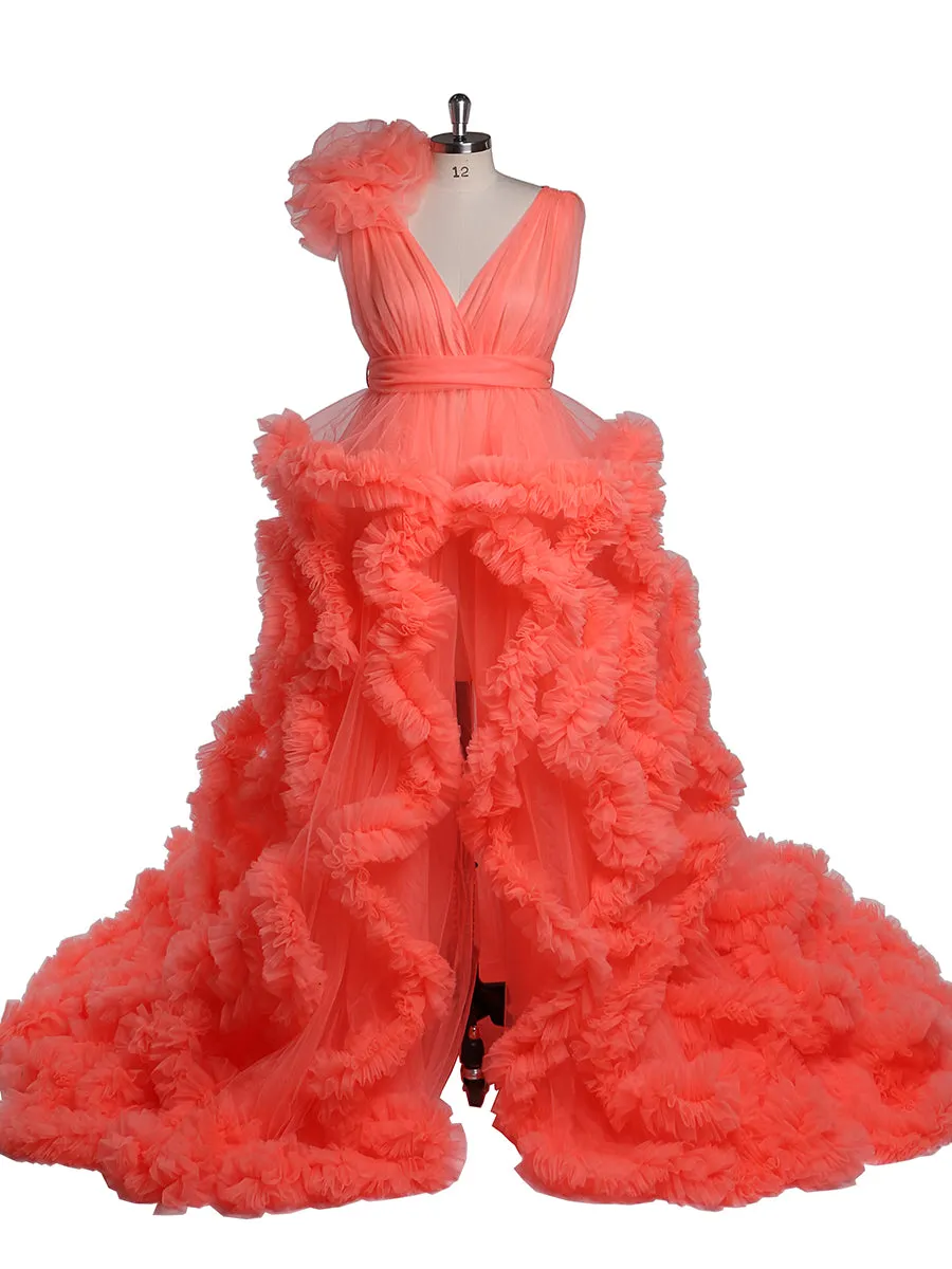 30CM Train V-neck Cloud Ruffles Maternity Dress for Photoshoot Maternity Baby Shower Gowns YW220114