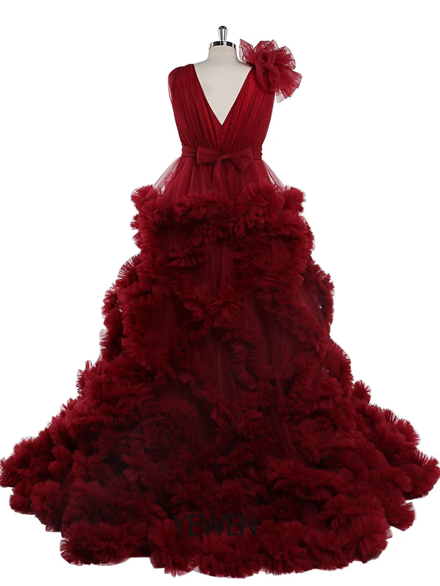 30CM Train V-neck Cloud Ruffles Maternity Dress for Photoshoot Maternity Baby Shower Gowns YW220114