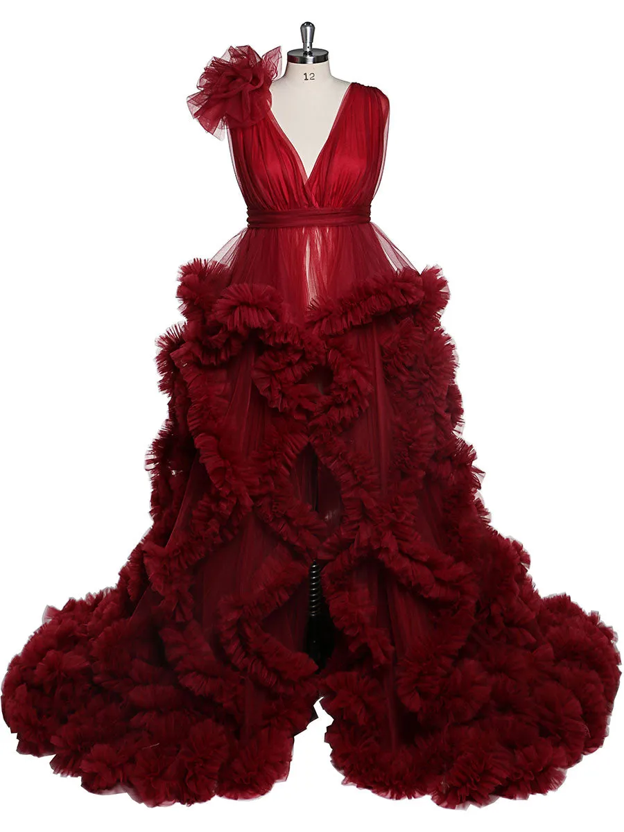 30CM Train V-neck Cloud Ruffles Maternity Dress for Photoshoot Maternity Baby Shower Gowns YW220114
