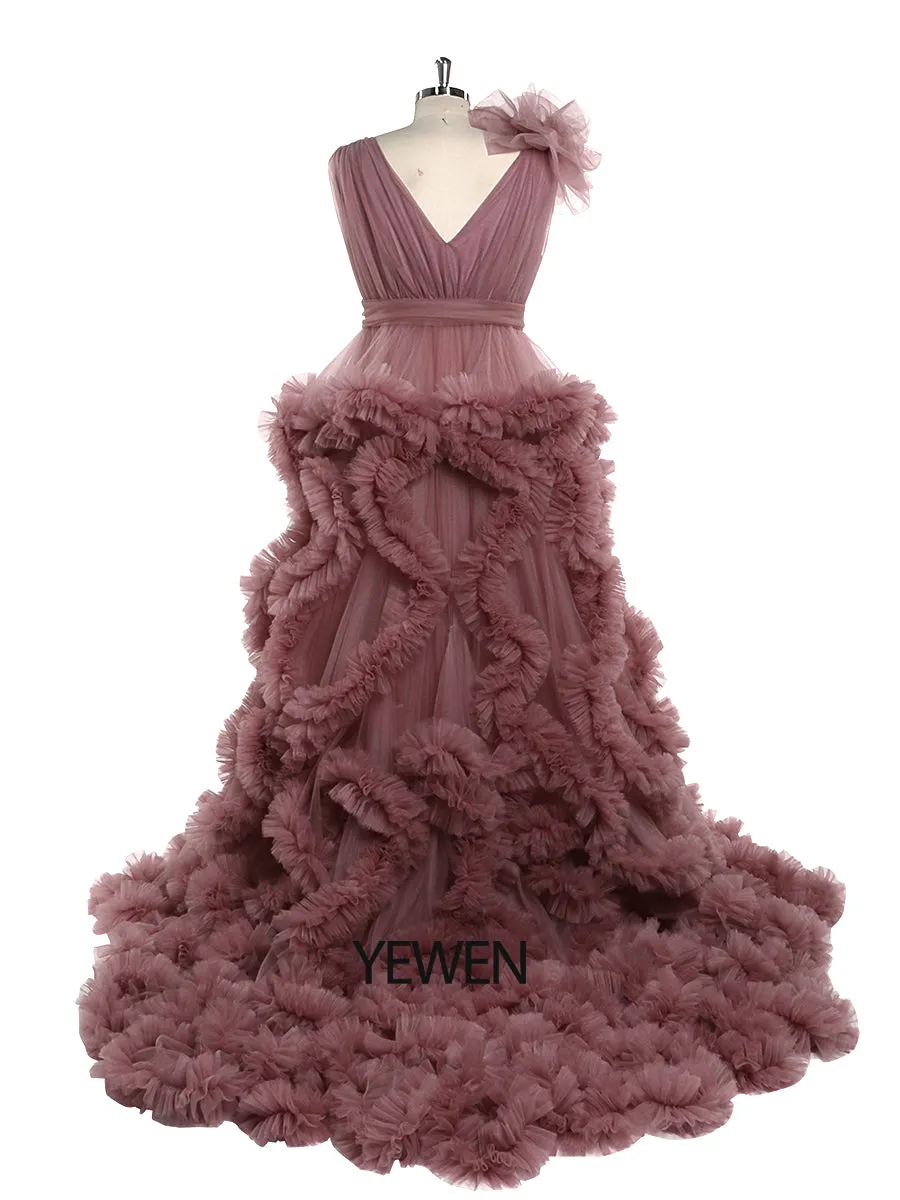 30CM Train V-neck Cloud Ruffles Maternity Dress for Photoshoot Maternity Baby Shower Gowns YW220114