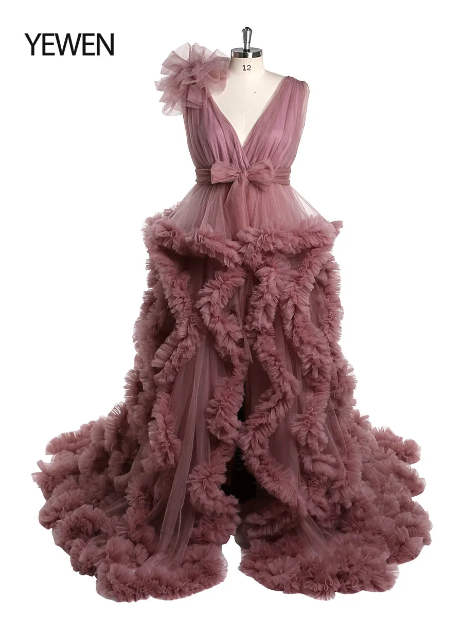 30CM Train V-neck Cloud Ruffles Maternity Dress for Photoshoot Maternity Baby Shower Gowns YW220114