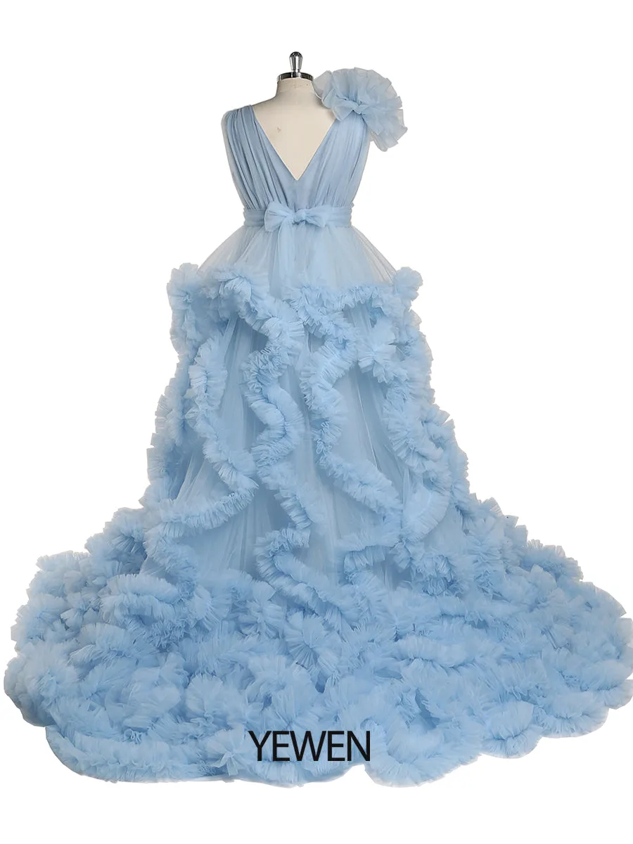 30CM Train V-neck Cloud Ruffles Maternity Dress for Photoshoot Maternity Baby Shower Gowns YW220114