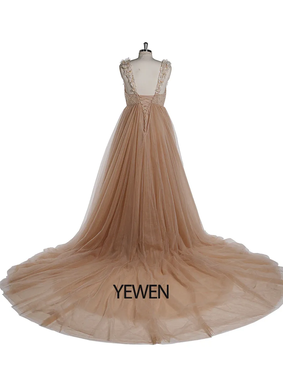 3D Floral Sequins Lace Evening Prom Dress Elegant Sleeveless Maxi Dresses Maternity Photoshoot Gowns