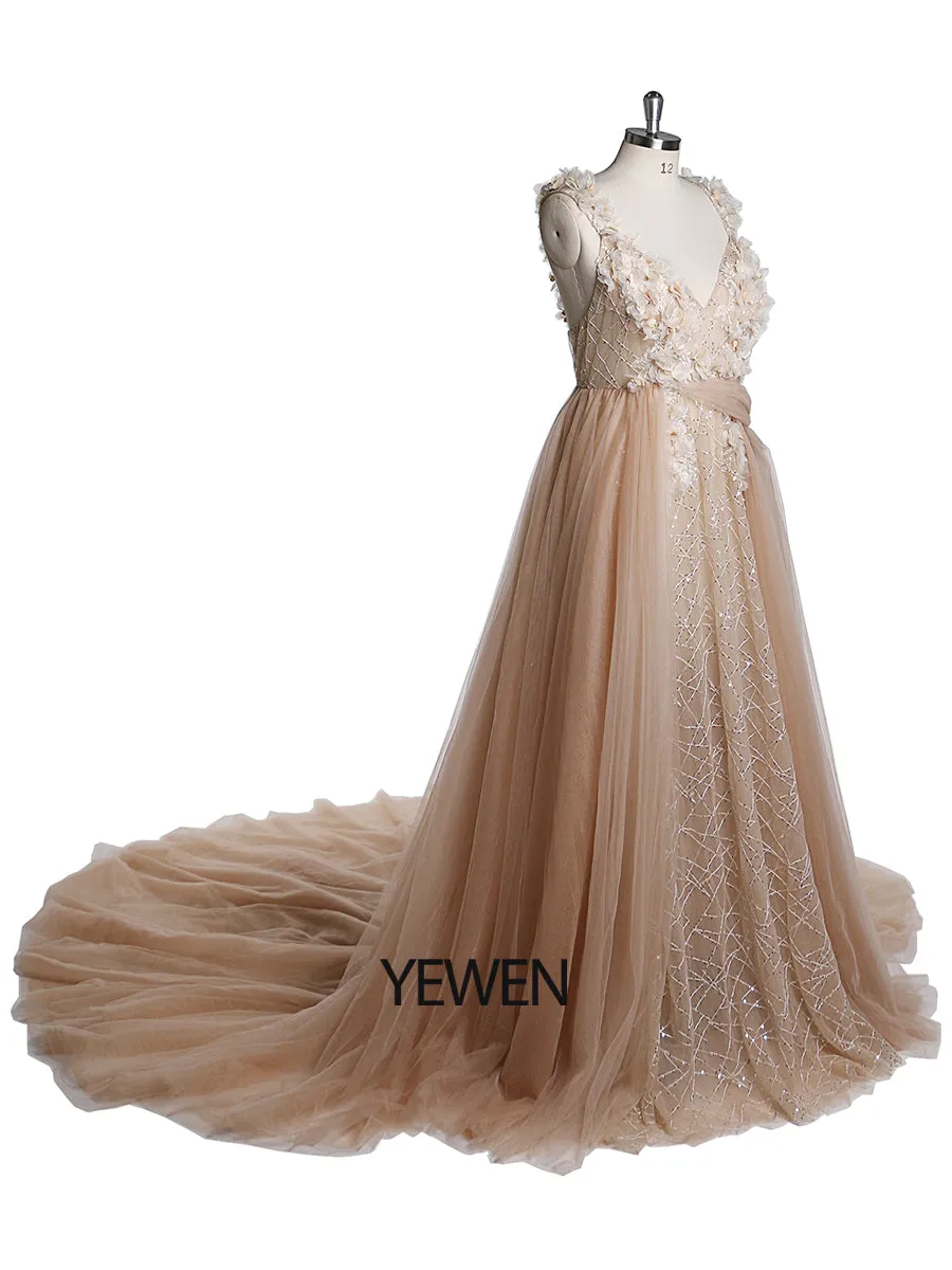 3D Floral Sequins Lace Evening Prom Dress Elegant Sleeveless Maxi Dresses Maternity Photoshoot Gowns
