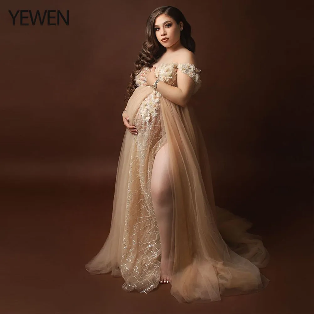 3D Floral Sequins Lace Evening Prom Dress Elegant Sleeveless Maxi Dresses Maternity Photoshoot Gowns