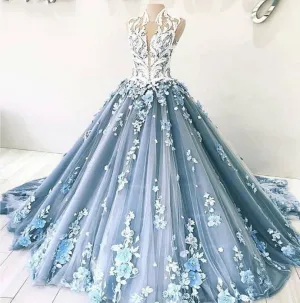 3d flowers lace appliqué wedding dresses ball gown 2020 vestido de novia blue high neck elegant wedding gowns