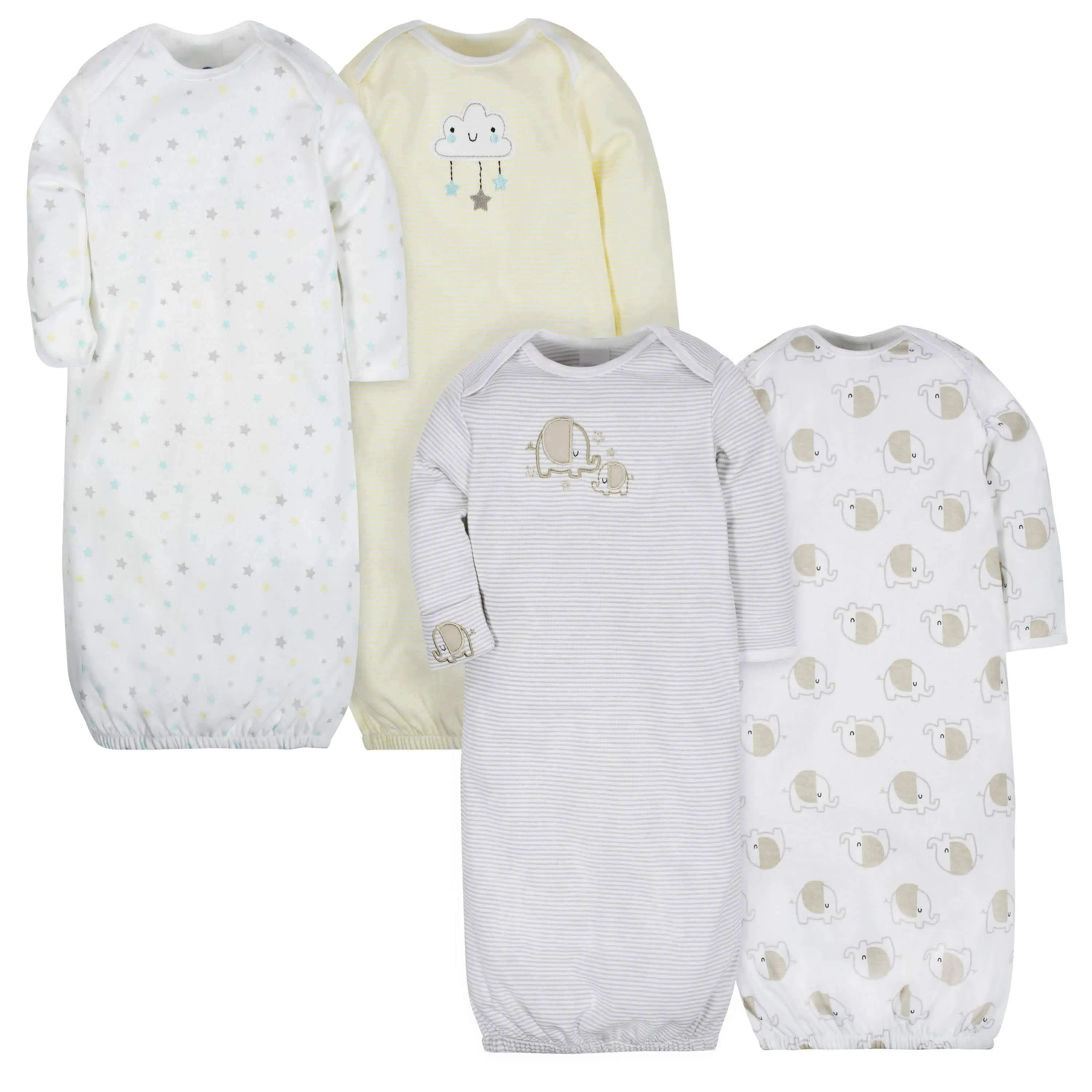 4-Pack Clouds & Elephants Baby Neutral Gowns