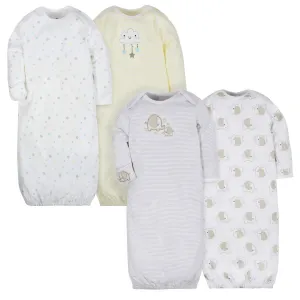 4-Pack Clouds & Elephants Baby Neutral Gowns