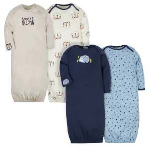 4-Pack Tiger & Hedgehog Baby Boys Gowns