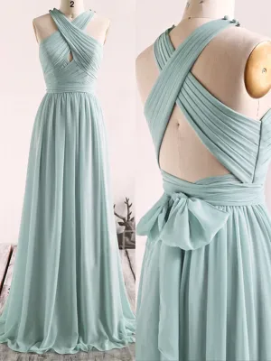 A Line Blue Chiffon Long Prom Dresses, A Line Blue Chiffon Long Formal Evening Dresses