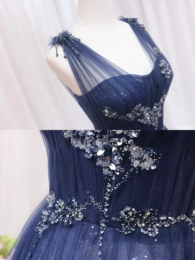 A-Line Dark Blue Tulle Lace Long Prom Dress, Dark Blue Tulle Long Evening Dress