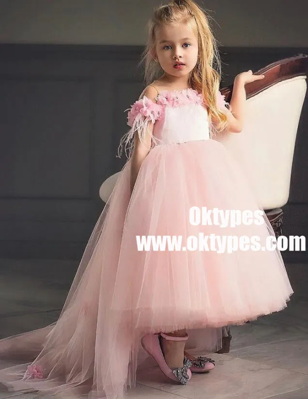 A-Line High Low Pink Flower Girl Dress with Flowers, TYP0967