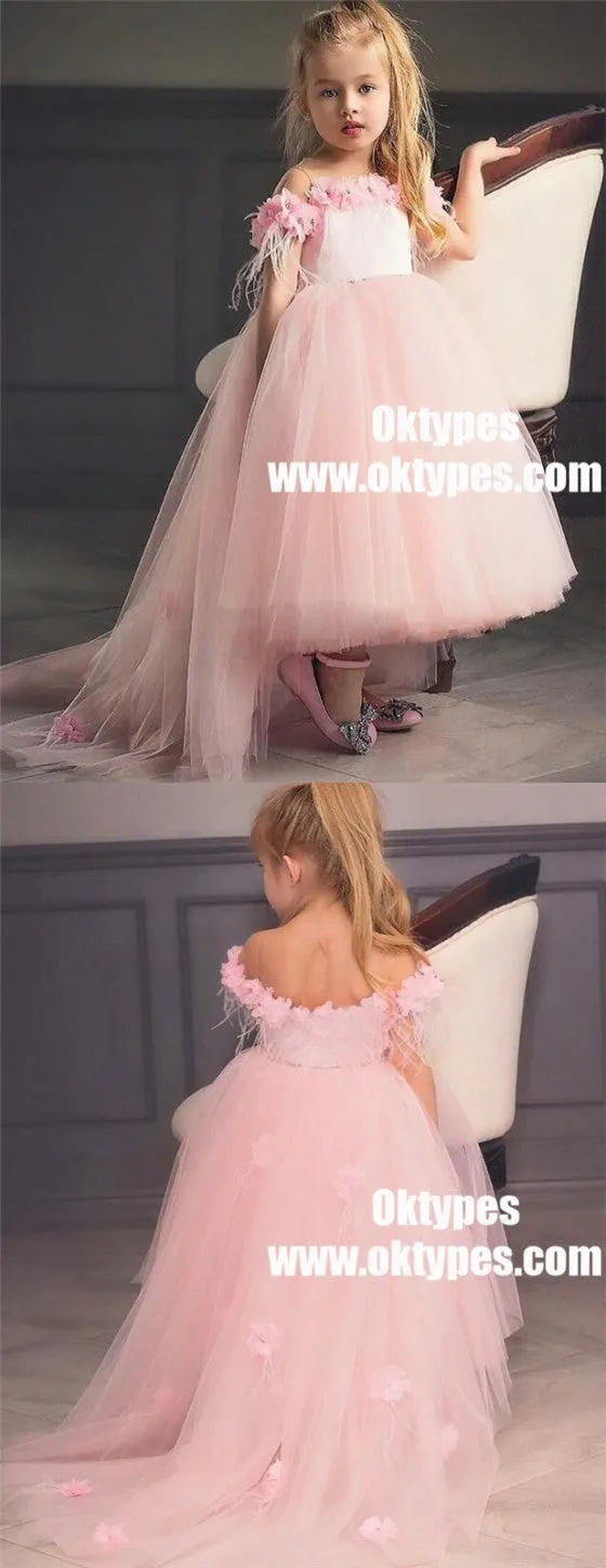 A-Line High Low Pink Flower Girl Dress with Flowers, TYP0967