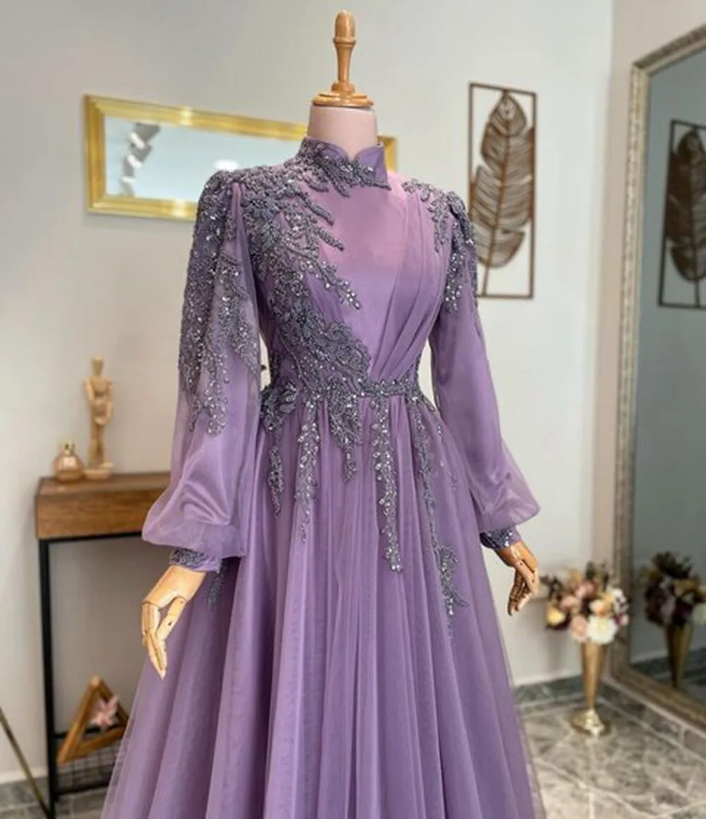 A-line High Neck Dubai Women Muslim Arabic Formal Evening Gowns
