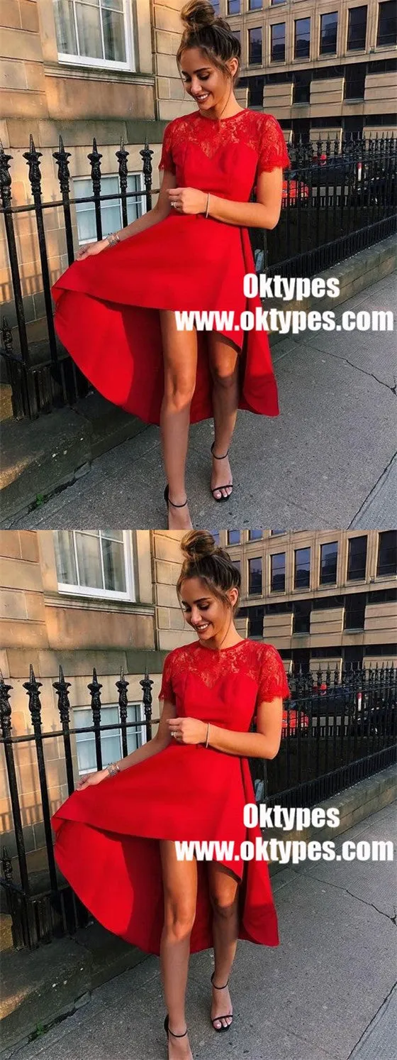 A-Line Jewel High Low Red Homecoming Party Dress with Lace, TYP0941
